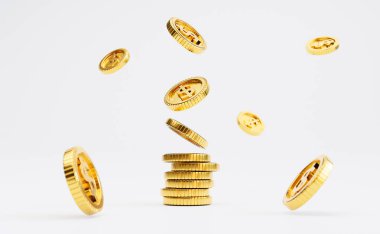 Yatırım ve mevduat tasarruf kavramı için beyaz arka planda yığılan ve uçuşan Amerikan doları altın sikkelerinin 3 boyutlu olarak izole edilmesi.