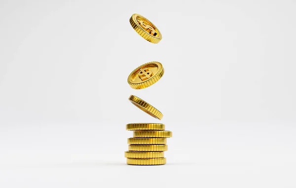 黄金美元硬币在白色背景上的抛掷和堆放 以进行投资和存款储蓄概念的分离 — 图库照片