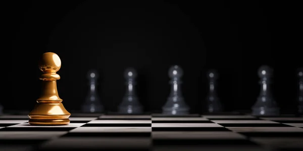Zlatý Pěšák Šachové Setkání Černým Pěšcem Šachový Nepřítel Tmavém Pozadí — Stock fotografie