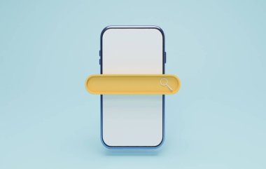 Mavi arkaplanda akıllı telefonlu arama çubuğu simgesi, Web arama motoru ve SEO Arama Motoru optimizasyon konsepti 3B görüntüleme.