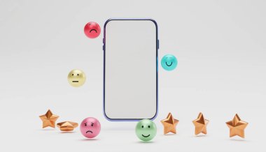 Müşteri ya da müşteri için akıllı telefondan altın yıldızlı gerçekçi duygu yüz kullanım ürünü ve hizmeti telefon uygulaması ile değerlendirir. 3D oluşturma tekniği.