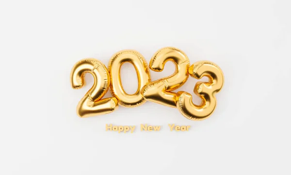 金光2023氦气气球 金光彩带 采用节日招贴画的元素设计和现实的3D渲染 为快乐的新年和快乐的圣诞观念做准备 — 图库照片