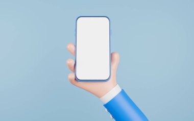 İş adamı akıllı telefonu elinde tutuyor ve model şablonu için boş ekran çerçevesi var. 3D render illüstrasyonuna göre cep telefonu aygıtı kavramı.