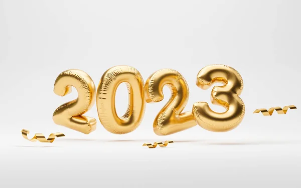 Hazırlık için beyaz zemin üzerinde 2023 altın balon Mutlu yıllar, mutlu Noeller ve gerçekçi 3D render yeni iş konsepti başlatın.