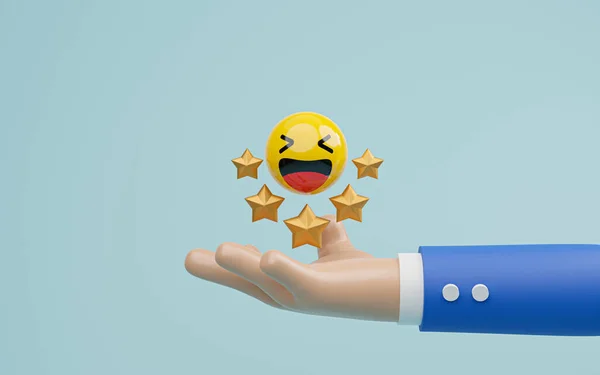 Businessman Hand Holding Smile Face Icon Golden Five Stars Customer — стоковое фото