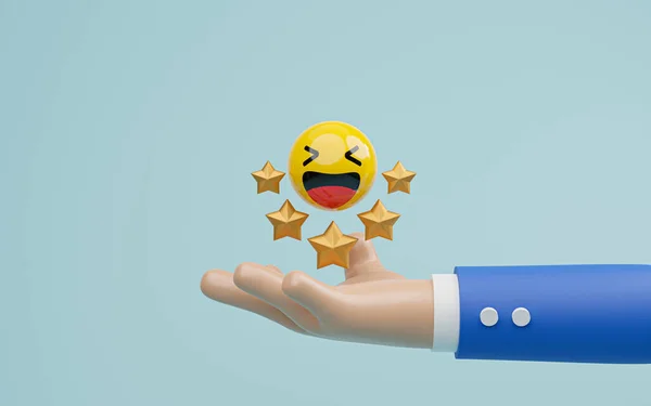 Businessman Hand Holding Smile Face Icon Golden Five Stars Customer —  Fotos de Stock