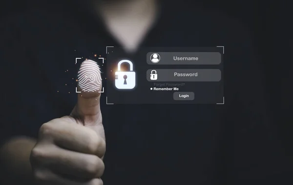 Palec Nahoru Virtuálním Otiskem Prstu Pro Skenování Biometrické Identity Přístup — Stock fotografie