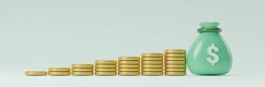 Finansal tasarruf, temettü ve mevduat konsepti için artan altın para birikimine sahip Yeşil Dolar para çantasının 3D çizimi.