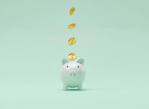 Golden coin dropping to white piggy bank on blue background for money saving and deposit concept , creative ideas by 3D rendering technique.