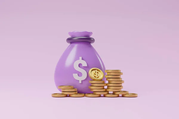 紫色美元钱袋与金币堆放金融储蓄 红利和存款概念3D演示 — 图库照片