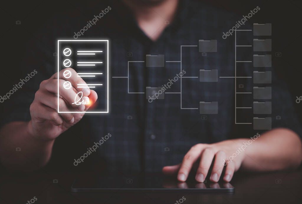 Hand using electronic pen for signature to document on virtual screen