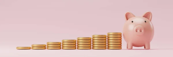 Increase Coins Stacking Pink Piggy Bank Web Banner Design Growth — ストック写真