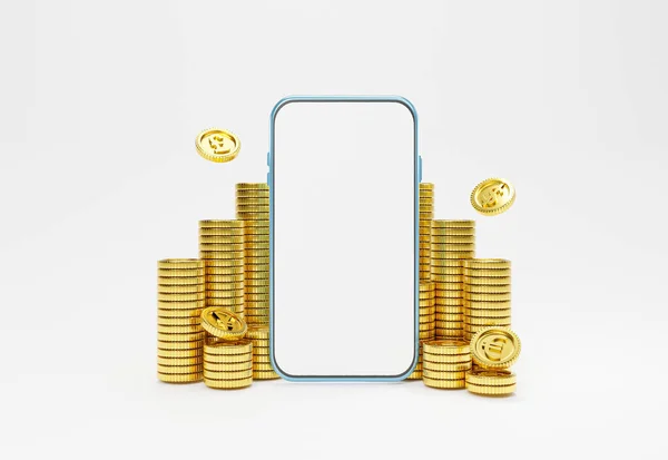 Leerer Bildschirm Des Smartphones Mit Goldenen Münzen Stapeln Für Geldüberweisung — Stockfoto