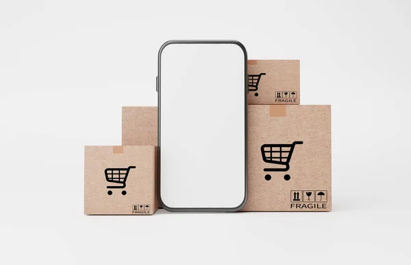 Stacking of paper shipping carton boxes and blank screen monitor of smartphone for online shopping and e-commerce concept by 3d render illustration.