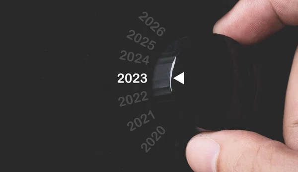 Kézzel Forgatni Fekete Gomb Kiválasztásához 2023 Előkészítéséhez Boldog Karácsonyt Boldog — Stock Fotó