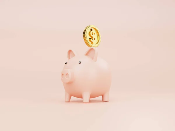 Pink piggy bank and US dollar coins falling on pink background for money saving and deposit concept , creative ideas by 3D rendering technique.