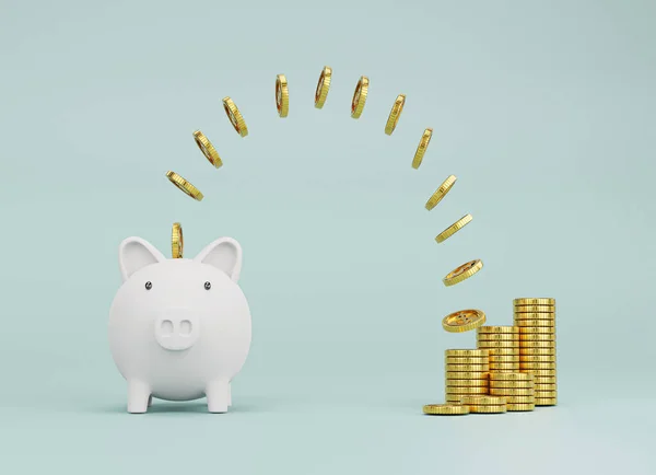 お金の節約と預金の概念のための青の背景に白い貯金箱に飛んで黄金のコイン 3Dレンダリング技術による創造的なアイデア — ストック写真