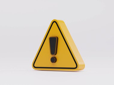 Dikkat çekmek için beyaz zemin üzerinde şarkı söyleyen gerçekçi sarı üçgen uyarı uyarısı izole edilmiş trafik işareti 3 boyutlu resimleme.