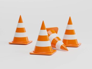 Yapım, bakım, dikkat ve ulaşım konsepti için 3B görüntüleme gerçekçi turuncu trafik uyarı konisi izole.