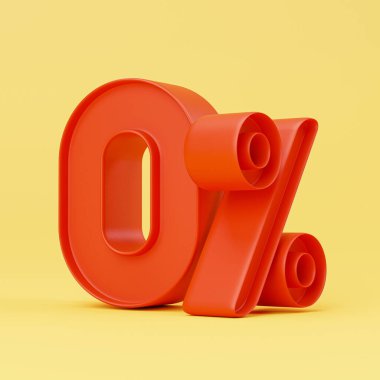 Mağaza indirimi ve bankacılık faiz oranı kavramının gerçekçi 3d yorumlanması için kırmızı parlak metalik sıfır yüzdesi veya% 0..