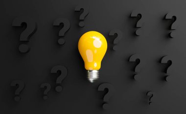 Yaratıcı düşünce ve çözüm sorunu çözme kavramı için siyah soru işareti ve siyah arkaplan üzerindeki sarı ampul 3D render illüstrasyon.