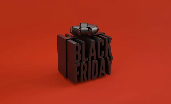 Black Friday gift box with black ribbon on red background for the day after Thanksgiving of the traditional Christmas shopping season concept by 3d render illustration.