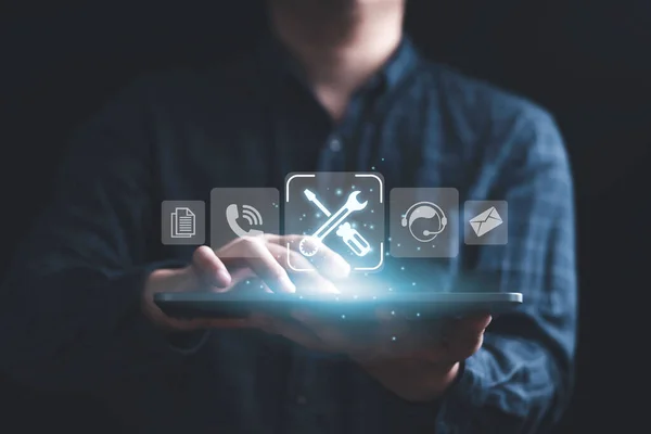 Businessman Holding Tablet Icon Include Wrench Torque Telephone Operator Mail — Stock Photo, Image