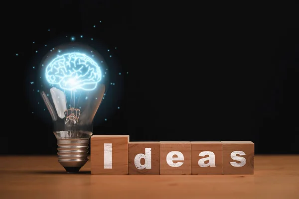 Virtual Blue Brain Lightbulb Idea Wording Wooden Cube Block Creative —  Fotos de Stock