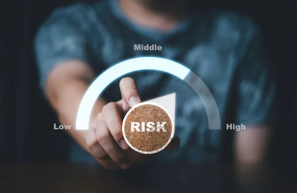 Hand Holding Turning Risk Know Low Middle High Level Meter — Foto de Stock