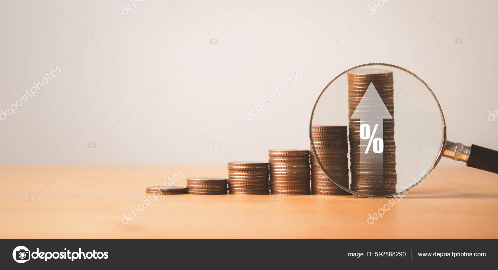 Magnifier Glass Increasing Coins Stacking Arrow Percentage Sign