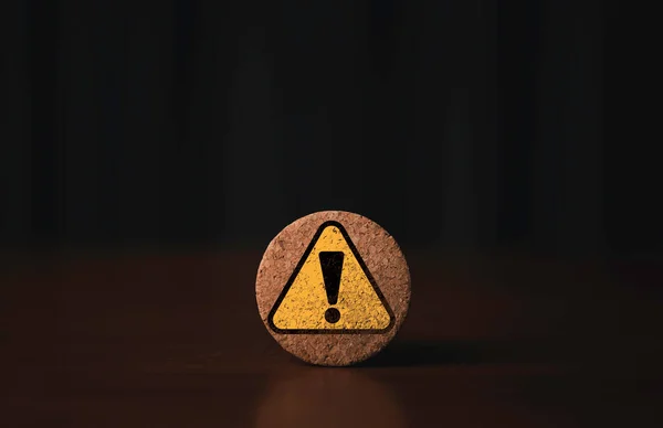 Yellow Exclamation Caution Sign Warning Symbol Print Screen Wooden Block — 스톡 사진