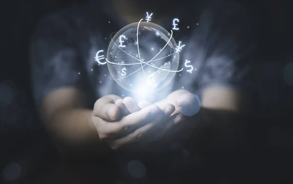 Trader Hands Holding Virtual Word Currency Symbol Include Dollar Yuan — Fotografia de Stock