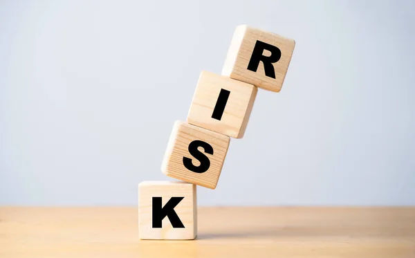 Risk Wording Print Screen Wooden Cube Block Falling Table Risk — стоковое фото