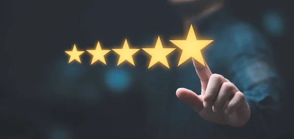 Businessman Touching Glowing Yellow Five Stars Excellent Evaluate Customer Use — Stok fotoğraf