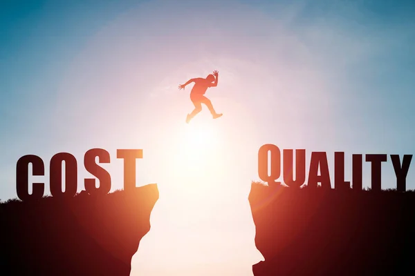 Man jumping from cost cliff to quality cliff for quality first concept.