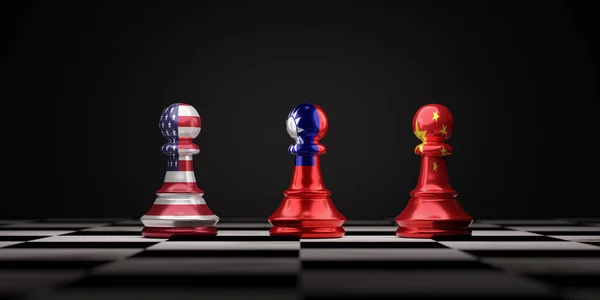 China Taiwan and USA chess standing on chessboard with copy space for symbol of military conflict concept by 3d render.
