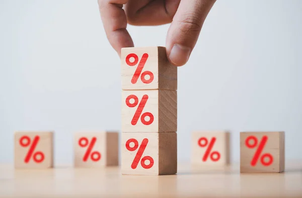 Hand Stacking Red Percentage Sign Symbol Wooden Cube Block Financial — 图库照片