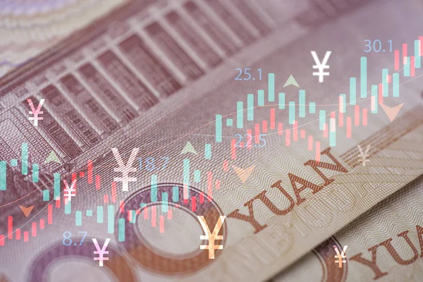 Heap Yuan Banknotes Stock Market Graph Chart Yuan Symbol Trading — Stock fotografie