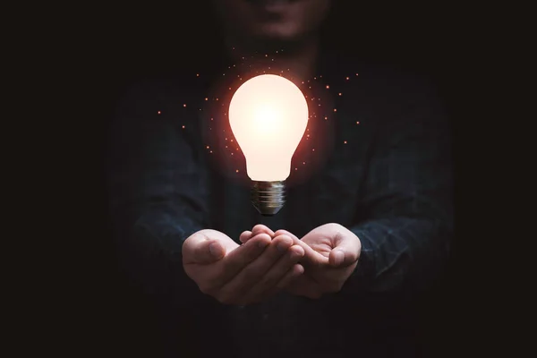 Businessman Holding Glowing Lightbulb Creative Thinking Innovation Idea Problem Solving — Zdjęcie stockowe