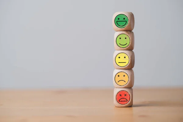 Emotion Icons Stacking Wooden Cube Block Include Smile Sad Emotion — Stock Photo, Image