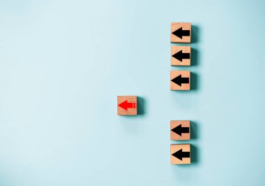Red arrow move out from black arrows group for leadership and outstanding performance concept.