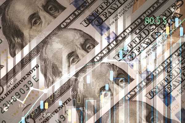 Closeup Stacking Benjamin Franklin Face Usd Banknote Stock Market Chart — Fotografia de Stock