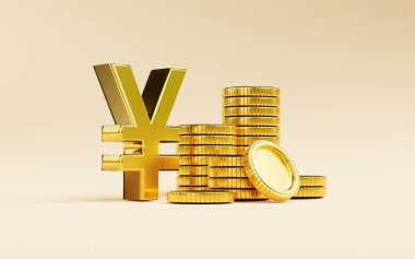 Golden coins stacking with Yuan or Yen sign on yellow background Currency exchange and money transfer concept by 3d render.
