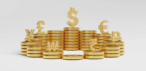 Isolado Moeda Principal Empilhamento Moedas Ouro Incluem Dólar Euro Libra — Fotografia de Stock