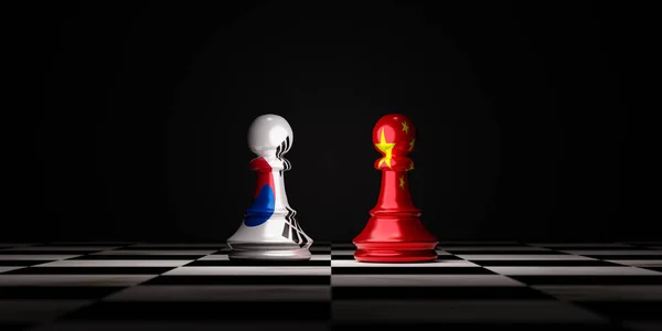 South Korea China Flag Print Screen Pawn Chess Chessboard Business — Stockfoto