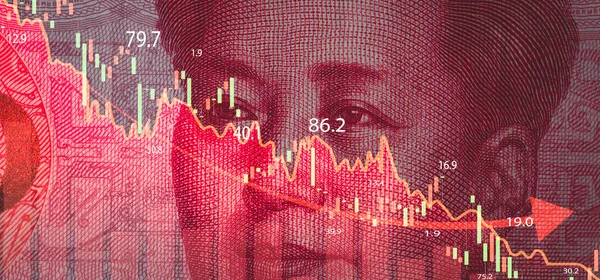 Крупный План Мао Цзэдуна Банкноте Юаня Графиком Фондового Рынка Валютной — стоковое фото