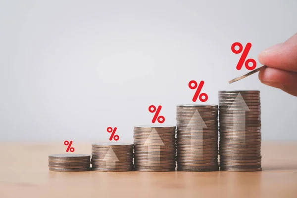Increasing Coin Stacking Arrow Percentage Sign Increase Financial Interest Rate — Stok fotoğraf
