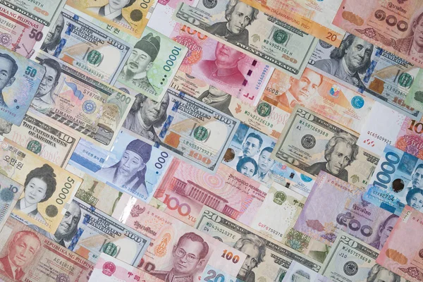 Vista Superior Várias Notas Internacionais Incluem Dólar Yuan Won Baht — Fotografia de Stock