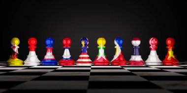 ASEAN ülkeleri veya Güneydoğu Asya Milletler Cemiyeti Brunei, Kamboçya, Endonezya, Laos, Malezya, Myanmar, Filipinler, Singapur, Tayland ve Vietnam baskılı satranç piyonu 3D.