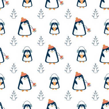 Noel ve Yeni Yıl deseni. Soyut Noel ağacı ve sevimli penguenlerle kusursuz bir desen. Kumaş, tekstil, poster, kart, baskı, davetiye, paket, kapak, arka plan